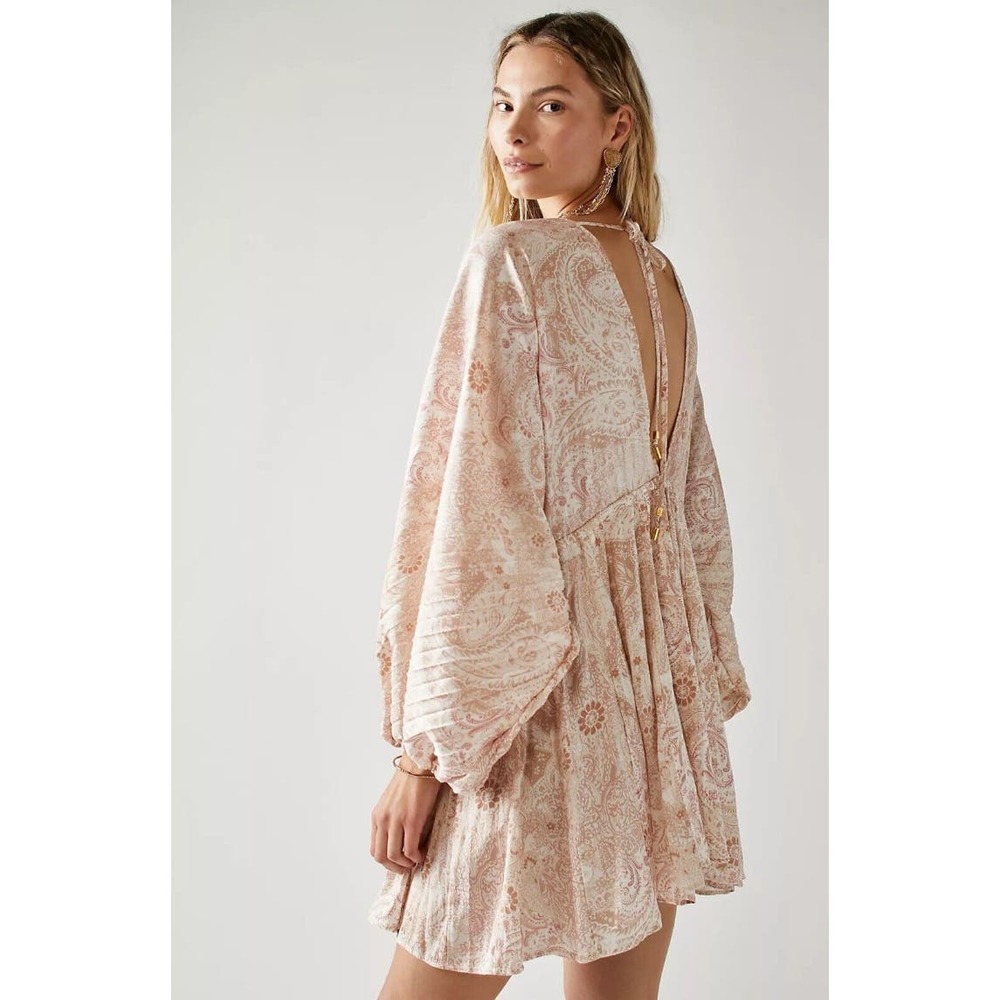 Free People Dress Women XS Arzel Mini Ivory Paisley Print Kimono Pleated Satin - Picture 3 of 15